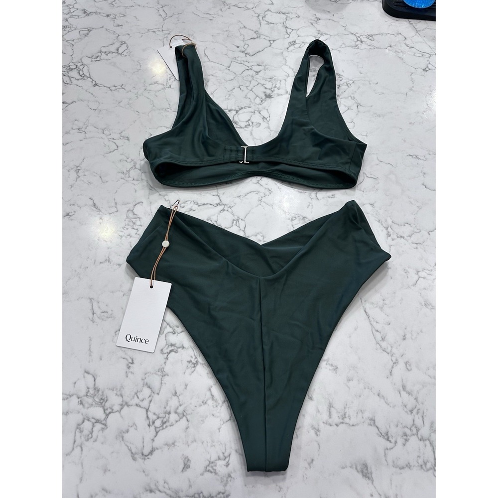 NWT Quince Palm Green Italian Plunge Bikini Top & V Cut Dipped High Rise Bottom - Picture 2 of 3